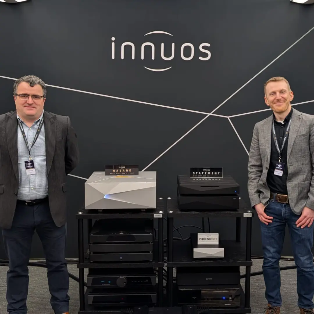 Niall Hunt (Europe Sales Manager) and Stephen Healy (Product Specialist) at the Audio Show Deluxe with the NAZARÉ flagship music streamer and server